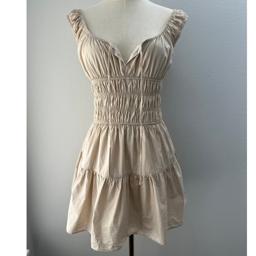 NIA Smocked Mini Dress Medium Beige Tiered Ruffle Milkmaid Cottagecore Coquette